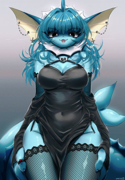 alternative_fashion anthro armwear black_eyes blue_body blue_hair blue_skin breasts claws clothed clothing eyebrow_through_hair eyebrows eyelashes fangs female fin fin_piercing fishnet_armwear fishnet_clothing fishnet_legwear furgonomic_piercing furgonomics goth hair hands_on_hips legwear looking_at_viewer markings medium_breasts mole_(marking) navel open_mouth piercing pokemorph ring simple_background solo tail teeth thick_thighs tongue translucent translucent_hair wide_hips maimoonrabbit nintendo pokemon eeveelution generation_1_pokemon pokemon_(species) vampire vaporeon 2025 hi_res signature