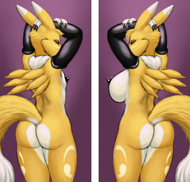 anthro areola arms_above_head armwear armwear_only big_breasts black_nipples black_sclera blonde_hair breasts bridal_gauntlets bridal_gauntlets_only butt clothing comparison dipstick_ears dipstick_tail duo ear_markings erect_nipples female fur hair huge_breasts looking_at_viewer looking_back markings mostly_nude multicolored_ears multicolored_tail nipple_piercing nipples piercing purple_background raised_arm rear_view simple_background small_breasts tail tail_markings tuft white_body white_fur yellow_body yellow_eyes yellow_fur conditional_dnp cracky bandai_namco digimon helga_(cracky) otto_(cracky) canid canine digimon_(species) mammal renamon 2017 sibling_(lore) twins_(lore)
