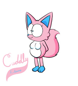 anthro belly blue_paws breasts female fluffy fluffy_tail fur hands_behind_back logo pink_body pink_fur solo tail white_belly professorventurer cuddly_kitsune canid canine fox fox_spirit mammal absurd_res full-length_portrait hi_res portrait shaded