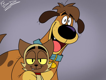 anthro black_eyes black_nose blue_collar brown_body brown_ears brown_fur brown_hair brown_tail collar duo fangs front_view fur hair half-closed_eyes hand_on_shoulder happy male multicolored_body multicolored_fur narrowed_eyes pose red_collar sharp_teeth smile tail teeth tongue two_tone_body two_tone_fur yellow_sclera sinnerbunny bunnicula_(series) chester_(bunnicula) harold_(bunnicula) canid canine canis domestic_cat domestic_dog felid feline felis mammal 2025 4:3 digital_media_(artwork) hi_res signature
