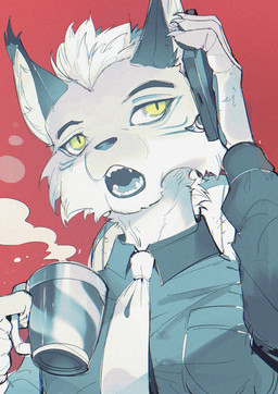 5_fingers anthro black_dress_shirt black_ears black_eyebrows black_pawpads cellphone chair claws clothed clothed_anthro clothed_male clothing collared_shirt container cup dress_shirt electronics eye_markings eyebrows facial_markings fangs finger_claws fingerpads fingers fur furniture hair head_markings holding_cellphone holding_container holding_cup holding_object holding_phone holding_smartphone inner_ear_fluff male markings necktie on_chair open_mouth pawpads phone phone_call pupils red_background ringed_iris shirt simple_background sitting sitting_on_chair slit_pupils smartphone solo steam teeth tongue_showing topwear tuft white_body white_fur white_hair white_inner_ear_fluff white_necktie white_sclera yellow_eyes chiayeeee felid feline lynx mammal 2024 digital_drawing_(artwork) digital_media_(artwork) half-length_portrait hi_res portrait