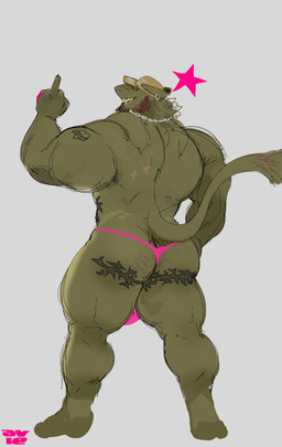 anthro arm_tattoo back_muscles baseball_cap body_hair bulge bulge_from_behind butt butt_hair butt_tattoo chain clothing ear_piercing ear_ring facial_piercing gesture green_body hand_gesture hat headgear headwear heart_symbol jewelry lip_piercing looking_at_viewer looking_back looking_back_at_viewer male middle_finger muscular muscular_arms muscular_legs muscular_male necklace piercing rear_view ring_piercing smile solo star_symbol tail tail_tuft tattoo thong tuft underwear aviesergal sergal hi_res