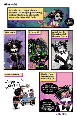 alternate_costume alternative_fashion ankh ankh_necklace anthro applying_makeup armwear big_breasts black_clothing black_dress black_eyeshadow black_hair black_speech_bubble bra breaking_the_fourth_wall breasts brown_body brown_fur cheek_tuft clothing corndog cybergoth dialogue dress ear_piercing eyeshadow facial_tuft female fishnet_armwear fishnet_clothing food food_cart fur gas_mask goth gradient_hair green_highlights group hair hands_on_hips head_wings highlights_(coloring) horn industrial_piercing industrial_piercing_ladder jewelry looking_at_viewer makeup male mask messy_hair multicolored_hair necklace orange_body orange_fur panties personal_grooming piercing purple_eyeshadow purple_hair red_bra red_clothing red_eyes red_panties red_underwear solo speech_bubble tail text trad_goth trio tuft two_tone_hair underwear unusual_wing_placement white_body white_fur wings boker klaus_nomi laura_derose lilith_(boker) bat-eared_fox bovid canid canine canis caprine domestic_dog fox goat mammal 2:3 artist_name comic english_text greyscale monochrome