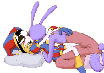 anthro clothing duo female fool's_hat hat headgear headwear hug jester_outfit male pillow purple_body suspenders unsure yellow_eyes gr7923 glitch_productions the_amazing_digital_circus jax_(tadc) pomni_(tadc) human lagomorph leporid mammal rabbit hi_res