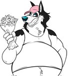 4_fingers anthro anthrofied baseball_cap belly big_belly black_body black_fur blue_eyes bouquet chest_tuft clothing fingers flower flower_bouquet fur hat headgear headwear holding_bouquet holding_flower holding_object looking_at_viewer male musclegut muscular muscular_anthro muscular_male obese overweight overweight_anthro overweight_male pink_baseball_cap pink_clothing pink_hat pink_headwear plant sharp_teeth shirt simple_background smile solo tank_top teeth topwear tuft white_background white_belly white_body white_fur remmyfox balto_(series) universal_studios steele_(balto) alaskan_malamute canid canine canis domestic_dog mammal nordic_sled_dog spitz hi_res