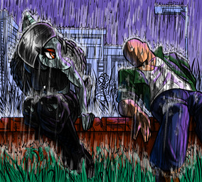 5_fingers amber_eyes anthro bald bone_frill boots bottomwear clothing denim denim_bottomwear denim_clothing detailed_background duo eyelashes eyeliner feathered_wings feathers female fingers footwear frill_(anatomy) grey_body grey_hair grey_scales hair halter_top jacket jeans jewelry light-skinned_male light_body light_skin long_hair makeup male midriff necklace outside pants raining scales shoes sitting smile snout topwear torn_bottomwear torn_clothing torn_pants wings banco cavemanon_studios goodbye_volcano_high ko_op_(game_developer) snoot_game anon_(snoot_game) fang_(gvh) human mammal prehistoric_species pterosaur reptile scalie 2024 digital_drawing_(artwork) digital_media_(artwork)