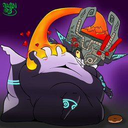 belly belly_grab belly_squish big_belly big_breasts big_butt black_body black_ears black_skin blue_markings breasts butt chocolate_doughnut cross-popping_vein deep_navel dessert doughnut exclamation_point female food fused_shadow grey_helmet hair heart_symbol huge_belly huge_butt huge_thighs humanoid_pointy_ears markings motion_lines navel not_furry obese obese_female obese_humanoid orange_hair overweight overweight_female overweight_humanoid pastry pointy_ears prehensile_hair purple_background reaching_towards_food red_eyes shortstack shortstack_female simple_background sitting snaggle_tooth solo squish teeth thick_thighs white_body white_skin yellow_sclera stuffedorb nintendo the_legend_of_zelda twilight_princess midna humanoid twili 1:1 2025 colored digital_media_(artwork) hi_res shaded signature