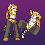 anthro barefoot belt big_breasts bikini blonde_hair breasts chaps clothing countershade_torso countershading feet female fur gradient_background green_eyes hair half-closed_eyes narrowed_eyes one_eye_closed orange_body orange_fur pink_nose simple_background solo spread_legs spreading striped_body striped_fur stripes swimwear tongue tongue_out two-piece_swimsuit wink cartoonwolf 9_to_9 golden_week jessie_(tigerknight) felid mammal pantherine tiger 2025