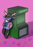 anthro antlers arcade black_body black_bottomwear black_clothing black_fur black_pants blue_eyes bottomwear clothing drinking eyewear fur hand_in_pocket horn jacket male pants pockets purple_background purple_clothing purple_jacket purple_topwear screen simple_background slushie smile solo sunglasses topwear vaporwave white_nose orbitalis polybius deer mammal absurd_res hi_res