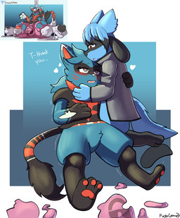 aftercare breathing clothing comforting_another fusion hug latex latex_clothing latex_skinsuit pokemon_fusion profanity rescue shaking skinsuit text tight_clothing trembling fokkorev nintendo pokemon levin_(fokkorev) generation_4_pokemon generation_7_pokemon pokemon_(species) riolu torracat absurd_res english_text hi_res