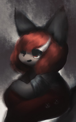 abstract_background anthro bandage black_nose bottomwear button_(fastener) clothed clothing empty_eyes female female_anthro fur grey_body grey_ears grey_fur grey_tail hair hand_on_leg kemono looking_forward open_mouth pants red_bottomwear red_clothing red_hair red_pants sitting solo tail topless white_hair hasukii mal_(hasukii) canid canine mammal digital_media_(artwork) digital_painting_(artwork) hi_res painting_(artwork)
