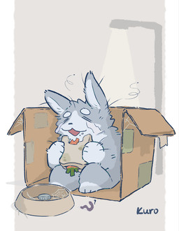 ambiguous_gender bodily_fluids border bottle_cap bowl box bread cardboard cardboard_box carrot container countershading empty_eyes eyes_closed feral flies_for_smell fluffy food fur gloves_(marking) grey_body grey_fur holding_object markings open_:3 open_mouth open_smile paws pet_bowl plant question_mark simple_background sitting smile solo spider_web street_lamp tan_background tears text tuft vegetable white_body white_border white_fur kuromonsart lagomorph leporid mammal rabbit worm 2025 artist_name digital_media_(artwork) hi_res shaded simple_shading
