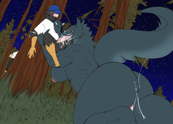 5_fingers 5_toes anthro balls beak big_breasts black_body black_claws black_fur blush bodily_fluids breasts claws clothed clothing cum cum_in_mouth cum_in_vagina cum_inside drooling duo erection feathers feet fellatio female female_penetrated finger_claws fingers forest fur genital_fluids genitals larger_female larger_penetrated lift_job male male/female male_penetrating male_penetrating_female mature_anthro mature_female muscular muscular_female night nipples nude open_mouth oral oral_penetration oversized_fellatio oversized_oral penetration penile penis penis_on_tongue plant plantigrade saliva scuted_arms scutes sex size_difference smaller_male smile toe_claws toes tongue tree vulva securipun al_(schmokepuppet) shou_(securipun) veronica_(securipun) avian bird canid canine canis mammal wolf hi_res
