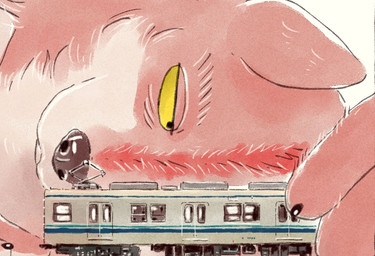 anthro black_nose claws close-up finger_claws fur kemono male model_train multicolored_body multicolored_fur on_ground pantograph pink_body pink_fur solo tan_body tan_fur toy train two_tone_body two_tone_fur vehicle yellow_eyes ratuta_(artist) tobu_8000_train tobu_railway_company_ltd canid canine canis mammal wolf japanese_description