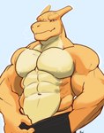 abs anthro bedroom_eyes big_biceps big_muscles big_pecs black_bottomwear black_clothing black_pants blue_background bottomwear breath clothed clothing clothing_pull green_eyes hand_in_pocket male multicolored_body muscular muscular_anthro muscular_arms muscular_male narrowed_eyes nipples orange_body pants pants_only pecs pockets pulling_pants_down seductive simple_background smile smirk solo topless topless_anthro topless_male two_tone_body white_background naistop mythology nintendo pokemon charizard dragon generation_1_pokemon mythological_creature mythological_scalie pokemon_(species) scalie 2023 colored digital_drawing_(artwork) digital_media_(artwork) hi_res shaded signature