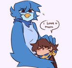 anthro avian beak biped bird blue_body blue_feathers blue_hair blush bottomwear brown_hair chest_tuft clothed clothing clover_(undertale_yellow) clownboo_art covered_breasts digital_media_(artwork) duo english_text eyes_closed feathered_wings feathers female hair hug human looking_at_viewer love male mammal martlet_(undertale_yellow) neck_tuft scarf simple_background smile standing text topwear tuft undertale undertale_(series) undertale_yellow winged_arms wings yellow_beak