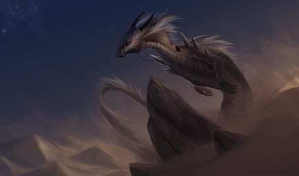 5_fingers ambiguous_gender arm_spikes black_horn blue_eyes countershading desert detailed_background dust feral fingers fur grey_body grey_fur hair horn markings night outside red_markings rock sand scales shoulder_spikes sky solo spikes spikes_(anatomy) star sunset whiskers white_body white_countershading white_hair white_scales allagar asian_mythology east_asian_mythology mythology dragon eastern_dragon furred_dragon furred_scalie mammal mythological_creature mythological_scalie scalie absurd_res hi_res