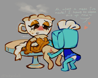 anthro beverage black_lipstick blue_body blue_clothing blue_dress blush bodily_fluids brown_eyes clitoris clothed clothing clothing_lift container cup dialogue dress dress_lift duo fellatio female female/female freckles furniture genitals gold_dress heart_symbol lipstick makeup on_table oral panties penile saliva saliva_string sex shaking simple_background sparkles sparkling_clothing sparkling_dress speech_bubble spread_legs spreading steam sweat table tan_body tea tea_cup text tissue tissue_box trembling trembling_for_pleasure underwear upskirt white_clothing white_panties white_underwear yellow_eyelids sosyaloh blushcrunch_studio dandy's_world roblox teagan_(dandy's_world) tisha_(dandy's_world) animate_inanimate toon_(dandy's_world) 2025 digital_media_(artwork) english_text hi_res