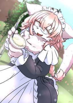 anthro clothed clothing eyewear female fur glasses hair maid_uniform open_mouth pink_hair solo tail uniform white_body white_fur mttbsmn philine_(mttbsmn) domestic_cat felid feline felis mammal absurd_res hi_res
