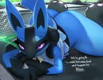 2022 anthro ass_up bedroom_eyes big_butt black_body black_fur blue_body blue_fur bottomwear butt clothed clothing clothing_lift dialogue digital_media_(artwork) english_text eyelashes female fingers fur furgonomics generation_4_pokemon hand_spike holding_object looking_at_viewer lucario lying multicolored_body multicolored_fur narrowed_eyes nintendo no_underwear on_front on_ground open_mouth open_smile ozoneserpent pokemon pokemon_(species) purple_eyes raised_tail seductive skirt skirt_lift smile solo spikes spikes_(anatomy) tail tail_through_skirt tan_body tan_fur tennis_racket text thick_thighs topwear