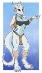 anthro athletic athletic_anthro athletic_female bandage bandeau big_breasts bottomwear breasts clothing female horn loincloth non-mammal_breasts open_mouth smile solo standing tail topwear wide_hips wraps wrist_wraps kurtassclear mythology dragon mythological_creature mythological_scalie scalie