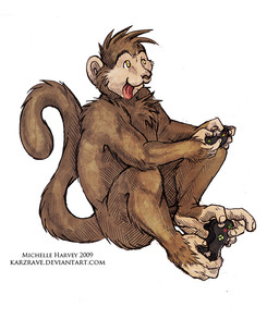 anthro arms_bent bent_legs biped brown_body brown_fur controller feet fur game_controller gaming hair holding_controller holding_object knees_pulled_up male nude playing_video_game prehensile_feet raised_tail side_view simple_background sitting solo tail text toes tongue tongue_out white_background xbox_controller yellow_eyes michelle_harvey microsoft xbox xbox_game_studios haplorhine mammal monkey primate 2009 english_text url