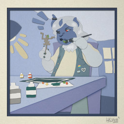 anthro bracelet brush claws clothed clothing focusing fur furniture horn inside jewelry lamp male painting red_eyes solo spiked_bracelet spikes table toe_claws tongue tongue_out white_body white_fur window conditional_dnp herrkennstalles warhammer_(franchise) sindri_myr humanoid mooncalf_(sindri_myr) 1:1 absurd_res hi_res