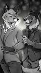 2014 anthro black_tie_(suit) blackteagan bow_(feature) bow_tie canid canine canis clothed clothing duo ear_piercing fox frown fully_clothed kyell_gold male mammal open_mouth piercing scowl shirt suit topwear wolf