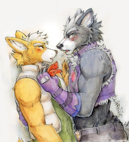 anthro biped blush cheek_tuft chest_tuft clothed clothing duo eye_contact facial_tuft fangs fully_clothed fur gloves green_clothing green_topwear grey_body grey_fur hair handwear looking_at_another male neck_tuft open_mouth purple_clothing purple_gloves purple_handwear purple_topwear red_tongue short_hair side_view simple_background teeth tongue topwear tuft vest white_background white_body white_clothing white_fur white_hair white_topwear white_vest yellow_body yellow_fur akatan_art nintendo star_fox fox_mccloud wolf_o'donnell canid canine canis fox mammal wolf 2022 dated half-length_portrait hi_res portrait signature traditional_media_(artwork)