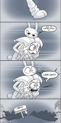 anthro cliff clothed clothing female hanging_by_arms jester male open_mouth overalls running scared sign speech_bubble text absolutedream glitch_productions the_amazing_digital_circus jax_(tadc) pomni_(tadc) human lagomorph leporid mammal rabbit absurd_res comic english_text hi_res long_image tall_image