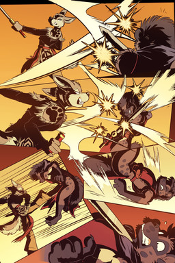 anthro clothing falling female kick lying male melee_weapon on_back scabbard slashing sword tattoo torn_clothing weapon rick_griffin in_the_new_age the_witch_of_kurikuto ideka toka_(rick_griffin) canid canine canis hyena mammal wolf 2024 2:3 comic hi_res