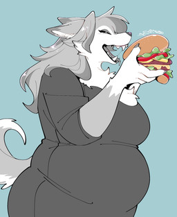 anthro belly big_belly blue_background bodily_fluids breasts burger chest_tuft claws clothed clothing dress ears_down eating eating_food eyes_closed facial_tuft female food fur fur_tuft hair holding_burger holding_food holding_object long_hair monotone_body monotone_clothing monotone_fur neck_tuft obese open_mouth overweight overweight_female pivoted_ears raised_tail saliva saliva_string sharp_teeth side_view simple_background slightly_chubby slightly_chubby_female solo tail teeth tuft mochimochiland meg_(suda) canid canine mammal 2025 hi_res partially_colored