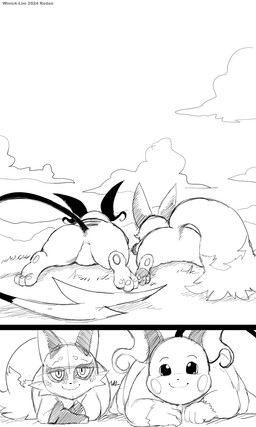 butt duo featureless_crotch looking_at_viewer lying on_front outside pawpads rear_view smile winick-lim nintendo pokemon generation_1_pokemon generation_8_pokemon nickit pokemon_(species) raichu 2024 3:5 hi_res monochrome