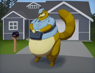 anthro belly big_belly blue_eyes building claws delivery_(commerce) delivery_employee detailed_background digitigrade double_chin fur house huge_belly mailbox male navel obese obese_male overweight overweight_male postal_carrier postal_delivery yellow_body yellow_fur white-dragon canid canine mammal raccoon_dog tanuki 2025 cel_shading hi_res shaded signature