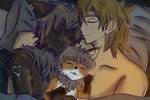 anthro beating bedding blanket blue_eyes bonding brown_body brown_fur brown_tail cuddling family fur group hair happy human_on_anthro hungry interspecies love male nude peaceful short sleeping tail trio warm farfener links aerya_(links) dylandy_(links) shiyan_(links) canid canine canis human lagomorph mammal 2022 sibling_(lore)