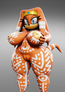 anthro big_breasts blue_eyes breasts female genitals hand_on_breast huge_thighs hyper hyper_thighs looking_at_viewer nipples nude shortstack solo tail tattoo thick_thighs tribal vulva wide_hips vulkyasha sega sonic_adventure sonic_the_hedgehog_(series) tikal_the_echidna echidna mammal monotreme 2024 3d_(artwork) digital_media_(artwork) hi_res