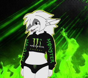 anthro black_clothing black_hoodie black_panties black_topwear black_underwear bulge clothing dragonn femboy hair hoodie male panties solo topwear underwear white_body white_hair raganlier monster_energy raganlier_(character) hi_res