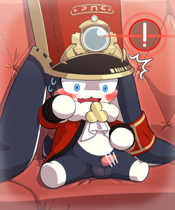 anthro balls black_body black_fur blush bodily_fluids censor_bar censored_genitalia censored_penis cheek_spots clothed clothing countershade_torso countershading earband erection exclamation_point fangs floppy_ears fur furniture genitals hat headgear headwear ineffective_censorship jacket looking_down lop_ears male penis shota simple_background sitting small_penis sofa solo spread_legs spreading surprised sweat tapering_penis teeth topwear white_body white_fur young young_anthro young_male 7nulls honkai:_star_rail mihoyo pom-pom_(honkai:_star_rail) lagomorph leporid mammal rabbit 5:6 absurd_res censored hi_res
