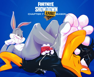 3_toes anthro avian_feet barefoot beak black_body black_eyes black_feathers blue_background blush bodily_fluids buckteeth clothing countershading cum cum_on_body cum_on_feet cumshot duo ejaculation erection feathers feet fingers foot_fetish foot_focus foot_on_face foot_play fur genital_fluids genitals gloves grey_body grey_fur half-closed_eyes handwear humanoid_feet humanoid_genitalia humanoid_penis lying male male/male multicolored_body multicolored_fur narrowed_eyes nude on_back paws penile penis pink_nose plantigrade red_genitals red_penis sex simple_background smile soles teeth text toes two_tone_body white_body white_clothing white_feet white_fur yellow_feet joe_erogenous looney_tunes warner_brothers bugs_bunny daffy_duck anatid anseriform avian bird duck lagomorph leporid mammal rabbit english_text hi_res