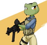 anthro black_clothing black_gloves black_handwear blue_clothing blue_shirt blue_topwear bottomwear bulletproof_vest clothed clothing eye_scar facial_scar female gloves green_body green_skin gun handwear holding_gun holding_object holding_ranged_weapon holding_weapon looking_at_viewer pants ranged_weapon scar shirt simple_background solo standing submachine_gun tan_bottomwear tan_clothing tan_pants topwear ump-45 weapon yellow_eyes sandwich-anomaly amelia_(sandwich-anomaly) amphibian frog 2022