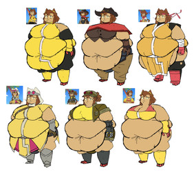 4_fingers accessory anthro armor armwear bandage bandaged_arm bangs belly belly_rolls belt big_belly big_breasts bikini black_bottomwear black_clothing black_hat black_headwear black_nose black_pants boots bottomwear breasts brown_body brown_bottomwear brown_clothing brown_eyebrows brown_fur brown_hair brown_hat brown_headwear brown_jacket brown_pants brown_topwear brown_vest button_(fastener) cleavage clothed clothed_anthro clothed_female clothing cowboy_hat crop_top deep_navel dress elbow_gloves eyebrows eyelashes eyewear eyewear_on_head fat_arms fat_legs female female_anthro fingers footwear fully_clothed fully_clothed_anthro fully_clothed_female fur gauntlets gloves goggles goggles_on_head grey_armor grey_boots grey_clothing grey_fingers grey_footwear grey_gauntlets hair handwear hat headband headgear headwear huge_belly huge_breasts jacket looking_at_viewer midriff morbidly_obese morbidly_obese_anthro morbidly_obese_female mouth_closed multicolored_clothing multicolored_dress multiple_outfits navel no_pupils obese obese_anthro obese_female open_clothing open_jacket open_topwear overweight overweight_anthro overweight_female pants red_eyes red_headband red_shawl shawl shirt shoes simple_background solo standing swimwear thick_thighs topwear two-piece_swimsuit vest whiskers white_background white_belt white_clothing white_headwear yellow_armwear yellow_bikini yellow_clothing yellow_crop_top yellow_dress yellow_elbow_gloves yellow_gloves yellow_handwear yellow_shirt yellow_swimwear yellow_topwear yellow_vest comedii gameoverse glitch_productions kit_bodega domestic_cat felid feline felis mammal 2026 absurd_res digital_drawing_(artwork) digital_media_(artwork) english_description flat_colors hi_res reference_image