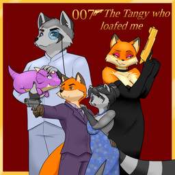anthro arm_around_waist clothed clothing dress female feral francis_cropford gloves group gun handwear male petting ranged_weapon smile standing suit tail teeth weapon blackbetty 007 mythology franciene_(tango's_family) james_bond julie_brooks lewis_gunn tango_(tango's_family) canid canine dragon fox mammal mythological_creature mythological_scalie procyonid raccoon scalie 1:1 absurd_res hi_res