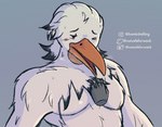 anthro beak biceps blush blush_lines bodily_fluids chest_fur chest_grab chest_tuft disembodied_hand dot_eyes feather_hands feather_tuft feathered_wings feathers front_view grey_background grey_body grey_feathers hand_on_chest intimacy intimate light male muscular muscular_anthro muscular_male open_beak open_mouth orange_beak pecs rubbing_chest simple_background solo sweat sweatdrop triceps tuft white_body white_feathers wings notsafeforwank nintendo tears_of_the_kingdom the_legend_of_zelda penn_(tloz) avian bird pelecaniform pelican rito 2023 artist_name digital_media_(artwork) hi_res lighting shaded