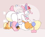 accessory ambiguous_gender blue_eyes blush blush_lines bodily_fluids booties bow_(anatomy) bow_ribbon clothed clothing crown diaper diaper_change diaper_in_face diapersuit duo feral fluffy fluffy_tail footwear fur furgonomics gag genital_fluids headgear holding_diaper holding_object lying multicolored_body multicolored_fur musical_note musical_symbol object_in_mouth on_back orange_body orange_fur pacifier pacifier_gag pacifier_in_mouth pink_body pink_bow pink_fur ribbons side_view simple_background standing_over symbol tail tail_accessory tail_bow tail_ribbon touching_diaper two_tone_body two_tone_fur unclean_diaper urine used_diaper wearing_diaper wet_diaper white_body white_fur yellow_body yellow_fur lynhug_bb nintendo pokemon moon_(mrmoonmoo) pendant_(character) eeveelution generation_1_pokemon generation_6_pokemon growlithe pokemon_(species) sylveon 2023 hi_res signature
