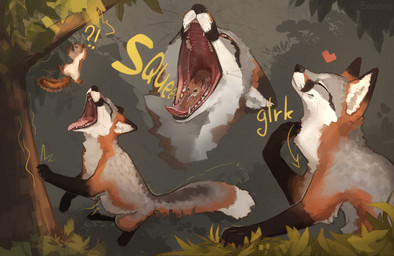 abdominal_bulge ambiguous_gender belly black_body black_fur bodily_fluids body_in_mouth brown_body brown_eyes brown_fur claws directional_arrow drooling duo ears_down ears_up exclamation_point falling feral forest fully_inside fur fur_markings grass grey_body grey_fur heart_symbol imminent_vore in_mouth inside interspecies leaf light male male_pred markings mouth_shot neck_bulge open_mouth oral_vore paws pivoted_ears plant predator/prey questionable_consent saliva saliva_on_tongue saliva_string sharp_teeth size_difference smile soft_vore sunlight swallowing tail teeth text tongue tongue_out tree vore whiskers white_body white_fur eeeevio mjok canid canine fox grey_fox mammal rodent sciurid tree_squirrel urocyon colored digital_drawing_(artwork) digital_media_(artwork) english_text hi_res sequence shaded warm_colors