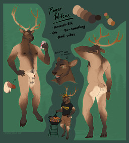 animal_genitalia anthro antlers ball_tuft balls belt brown_body brown_fur brown_hair butt clothed clothing cloven_hooves countershade_balls countershade_butt countershade_crotch countershade_genitalia countershade_tail countershading erection front_view fully_clothed fur genitals green_eyes grill hair hand_behind_head hat headgear headwear hooves horn humanoid_genitalia humanoid_penis hybrid_genitalia hybrid_penis looking_at_viewer male male_anthro nipples nude nude_anthro nude_male open_mouth open_smile penis penis_tip pubes rear_view red_penis sheath sheathed_humanoid_penis slightly_chubby smile solo standing tail tan_body tan_fur teeth tongue tuft chubchow roger_wilcox cervine deer elk mammal 2022 absurd_res hi_res model_sheet