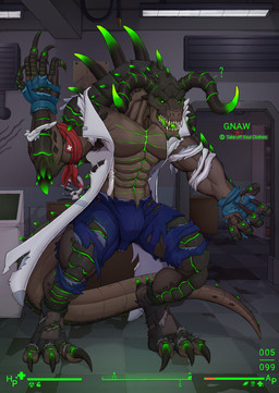 anthro bioluminescence claws clothing coat digitigrade gameplay_mechanics glowing glowing_eyes green_glow gui health_bar hud lab_coat laboratory laboratory_equipment male microscope scientific_instrument solo tail teeth text toe_claws topwear torn_clothing nickgray fallout microsoft deathclaw glowing_deathclaw scalie english_text hi_res