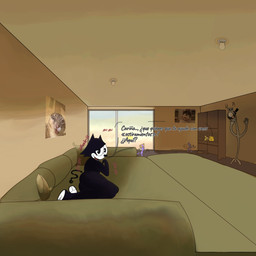 anthro cheese dairy_products food furniture lying lying_on_sofa male on_sofa sofa solo stealing_food sunset text xiaril felix_the_cat_(series) rigby_the_cat felix_the_cat domestic_cat felid feline felis mammal mouse murid murine rodent 1:1 absurd_res hi_res spanish_text translated