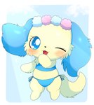 anthro bikini blue_bikini blue_body blue_clothing blue_eyes blue_fur blue_swimwear blush border chibi clothing female fur one_eye_closed semi-anthro solo swimwear two-piece_swimsuit white_border wink yellow_body yellow_fur azuo jewelpet sanrio sega sega_fave sapphie_(jewelpet) canid canine canis domestic_dog mammal hi_res