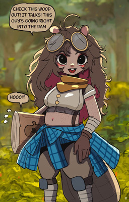 buckteeth female looking_at_viewer midriff outside solo speech_bubble teeth text basedbinkie chippy_(basedbinkie) woody_(basedbinkie) animal_humanoid beaver beaver_humanoid humanoid mammal mammal_humanoid rodent rodent_humanoid absurd_res english_text hi_res